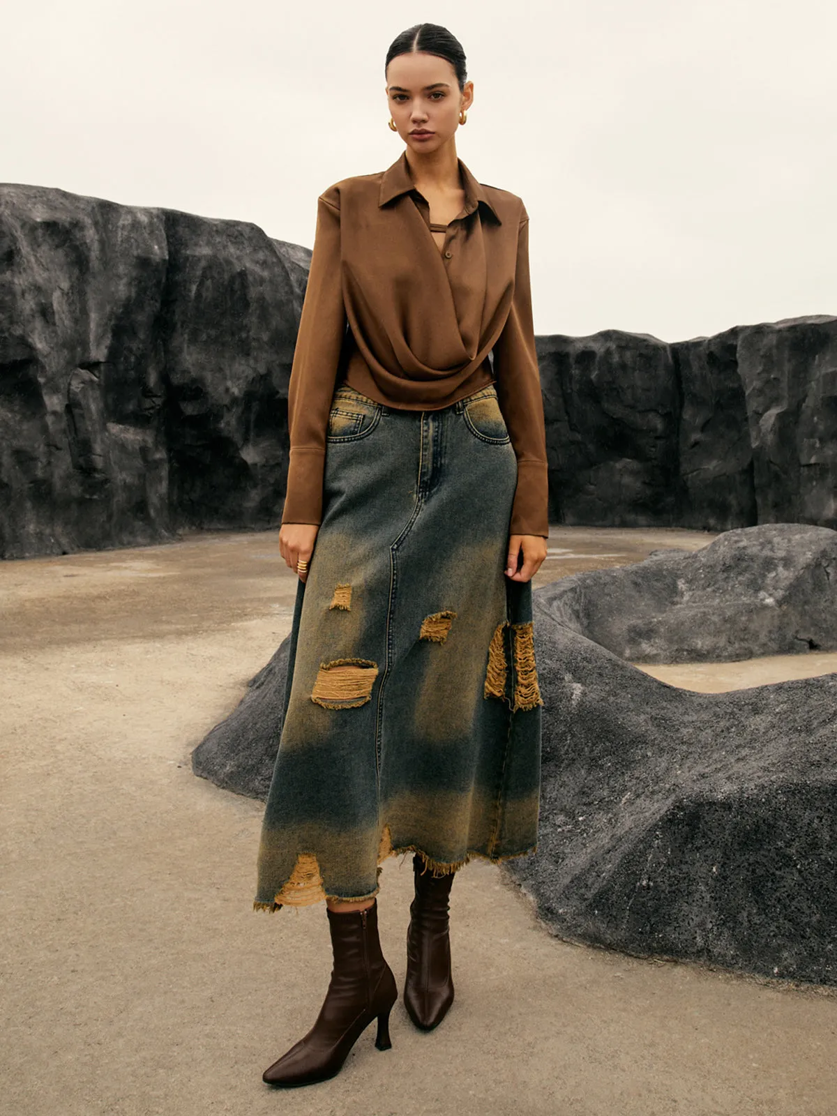 Button Cowl Neck Long Sleeve Shirt sold by COMMENSE product image thumbnail 2