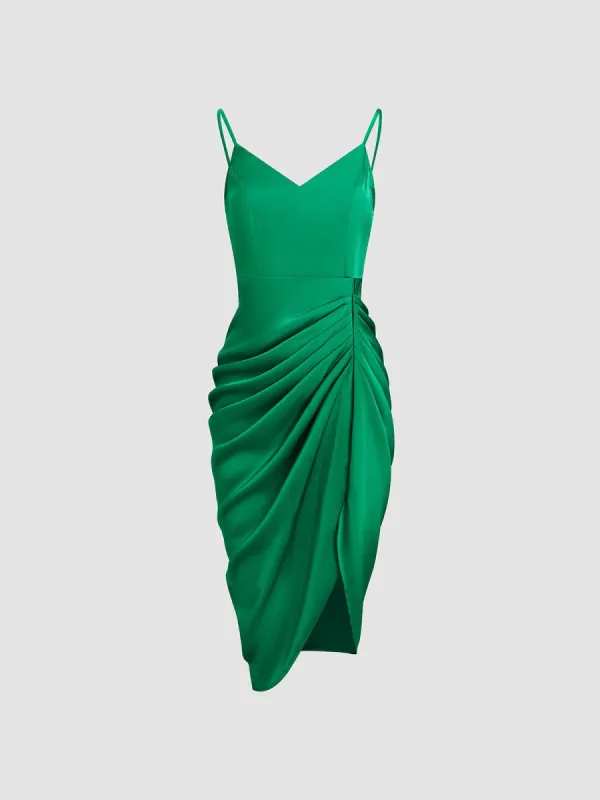 Satin Zip Up Ruched Midi Dress sold by COMMENSE