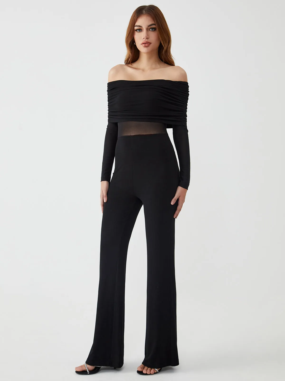 Overfold Off-Shoulder Mesh Long Sleeve Jumpsuit sold by COMMENSE product image thumbnail 2