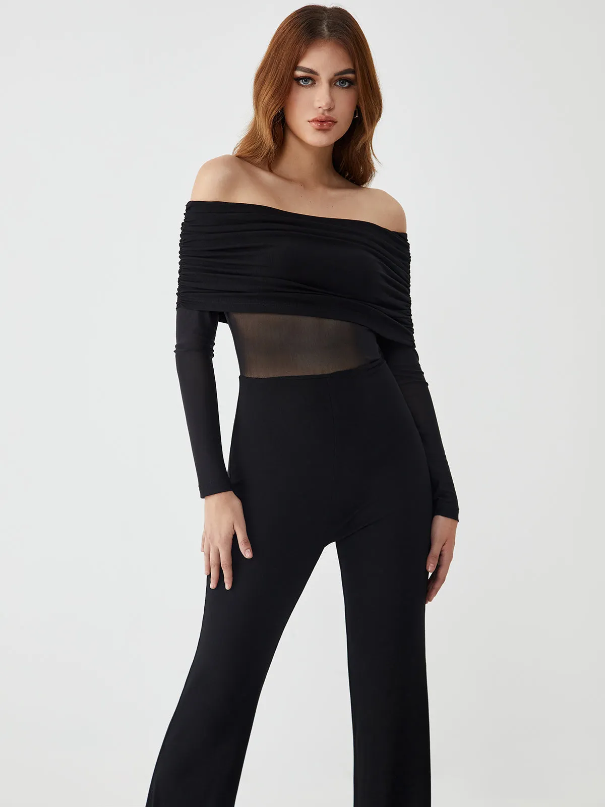 Overfold Off-Shoulder Mesh Long Sleeve Jumpsuit sold by COMMENSE product image thumbnail 4