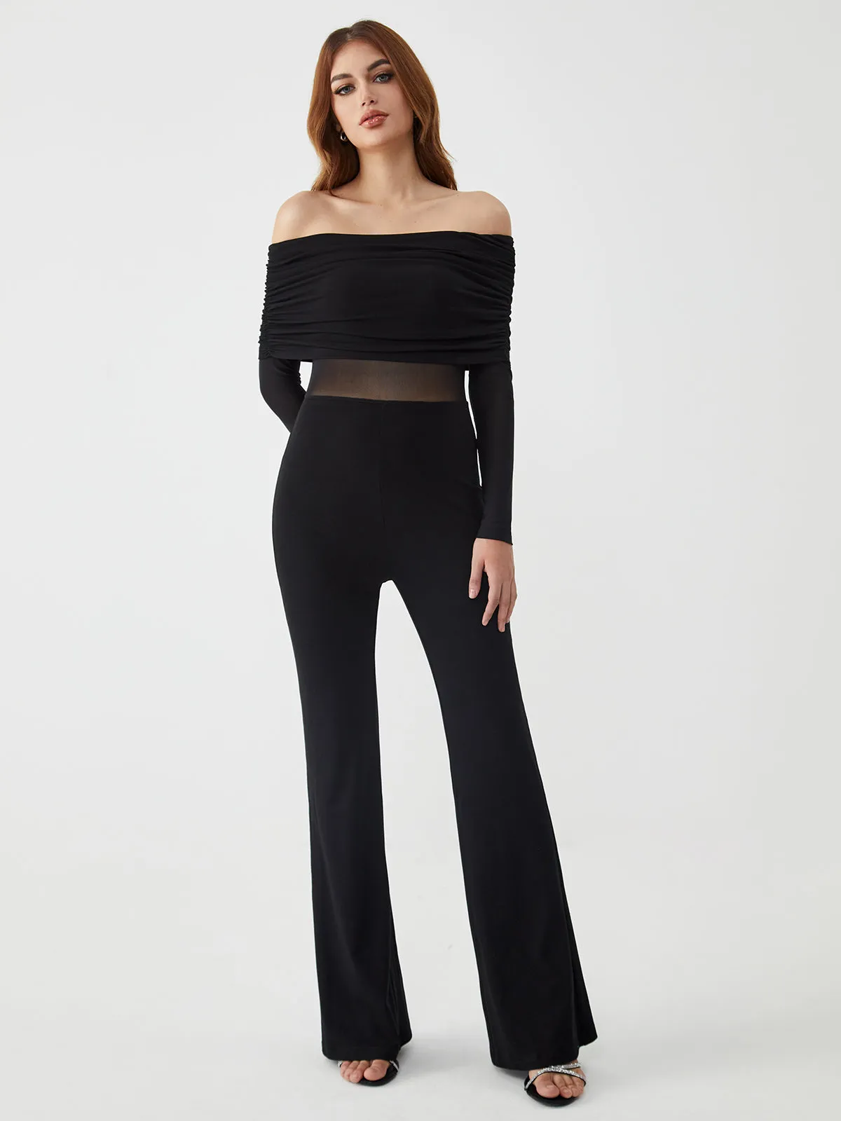 Overfold Off-Shoulder Mesh Long Sleeve Jumpsuit sold by COMMENSE