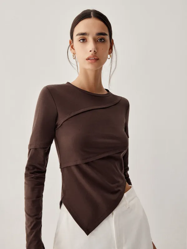 Asymmetric Hem Piping Long Sleeve Top sold by COMMENSE