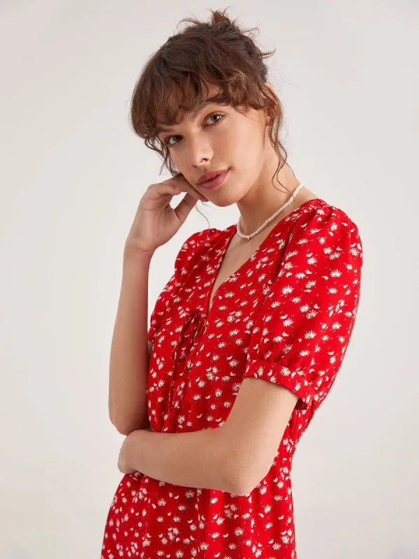 Sweetheart Floral V-Neck Ruffle Dress sold by COMMENSE