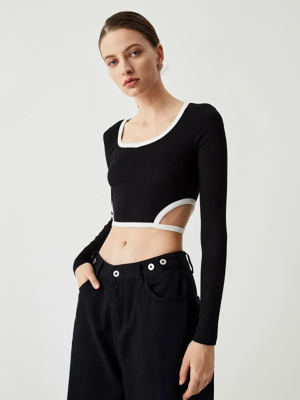 Contrast Trim Ribbed Cut Out Knit Crop Top sold by COMMENSE