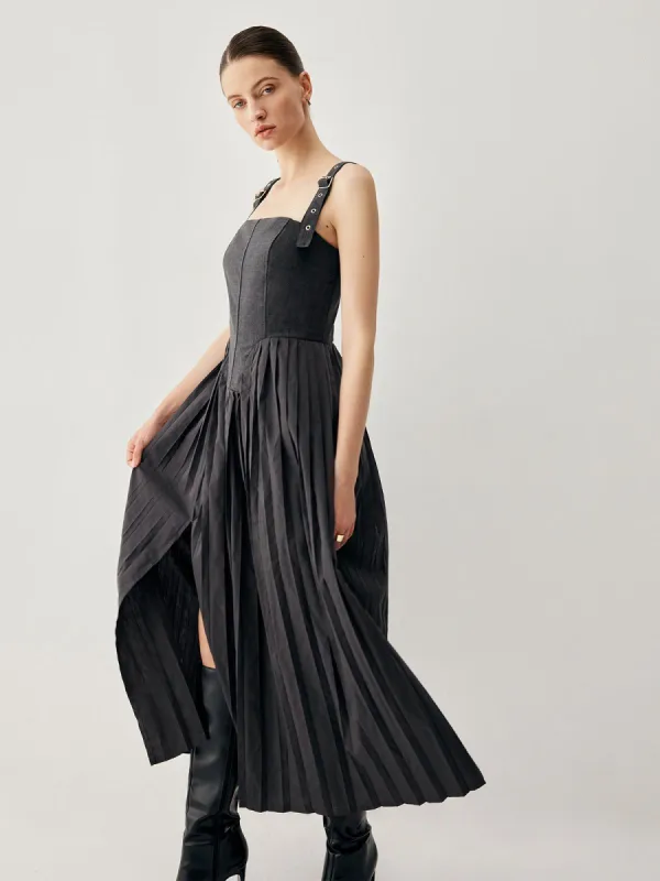 Pleated Patchwork Slit Strap Midi Dress sold by COMMENSE