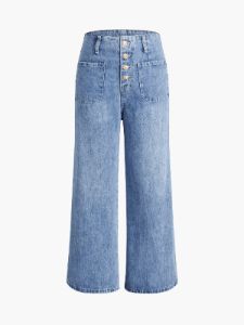 Triple Buttons Wide Leg Denim Jeans sold by COMMENSE