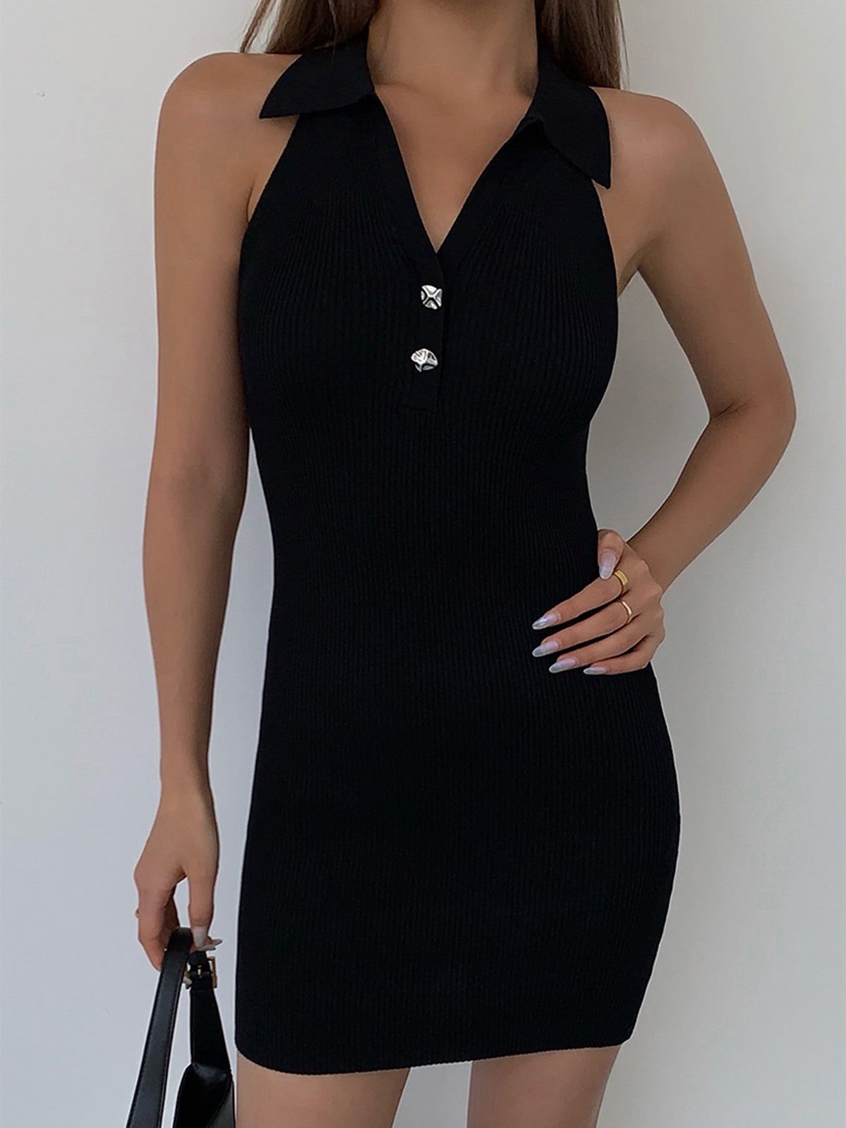 Polo Collared Button Up Knit Short Dress sold by COMMENSE product image thumbnail 2