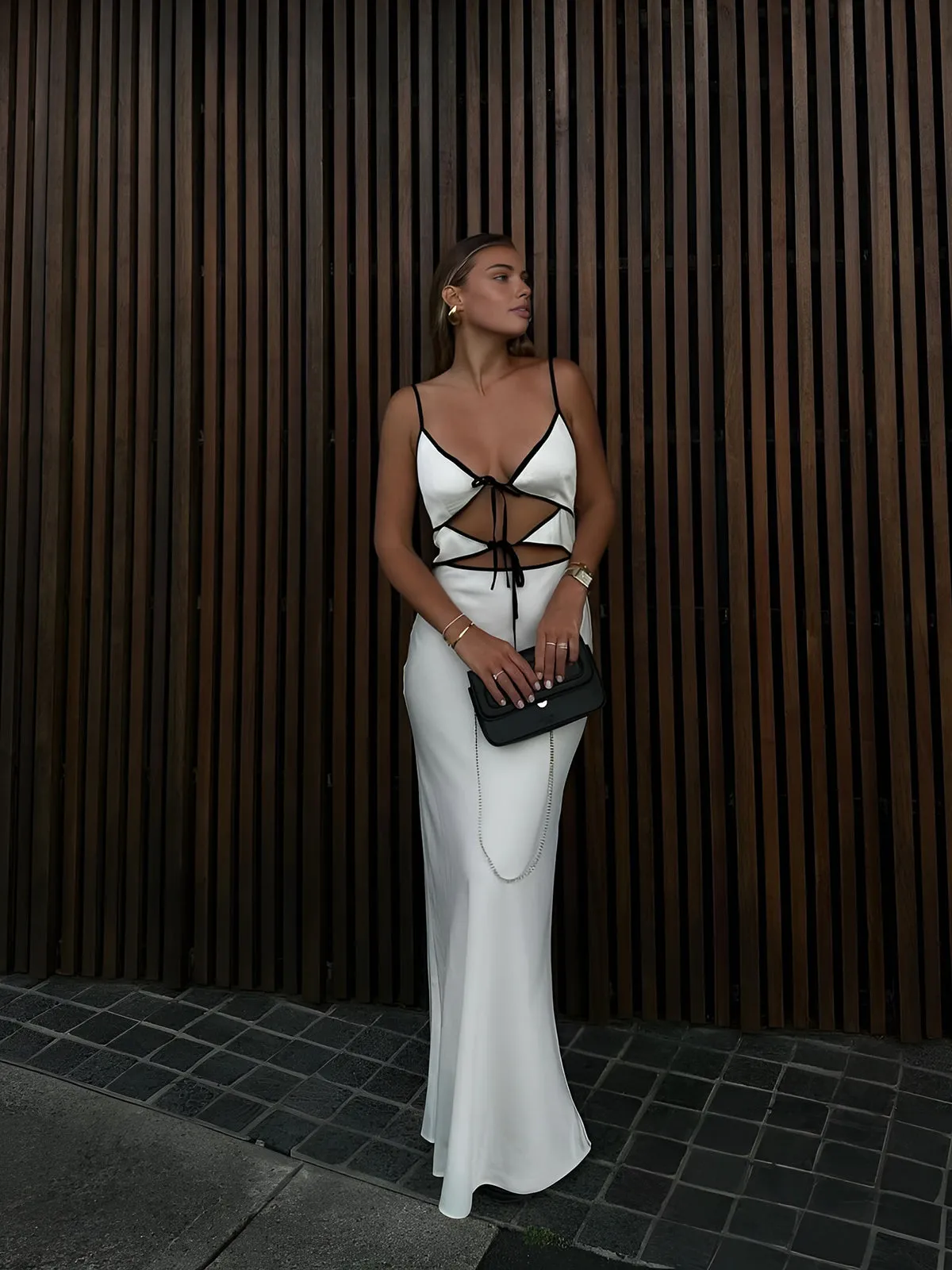 Contrast Trim Tie-Front Long Dress sold by COMMENSE