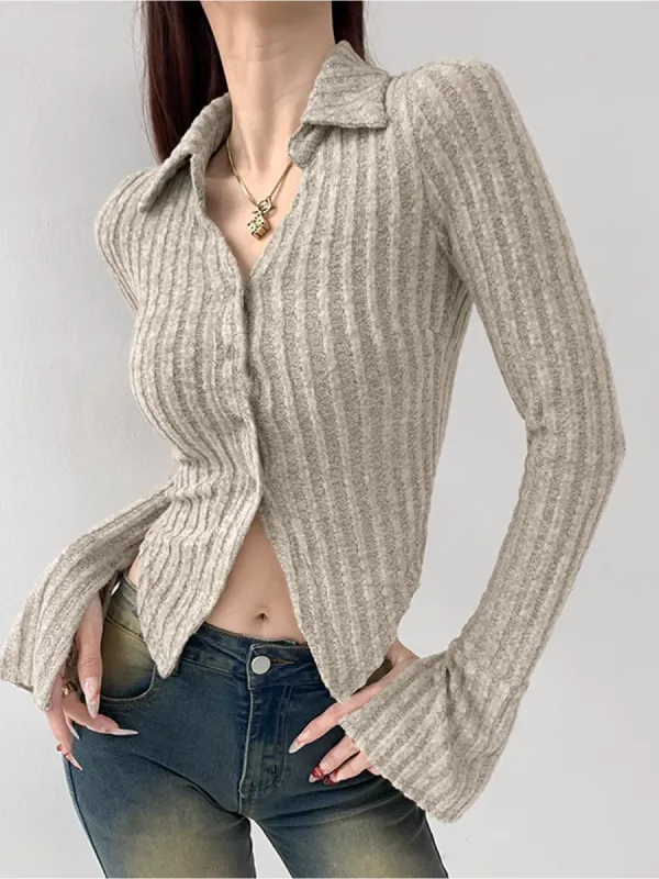 Collared Long Sleeve Slit Ribbed Knit Shirt sold by COMMENSE