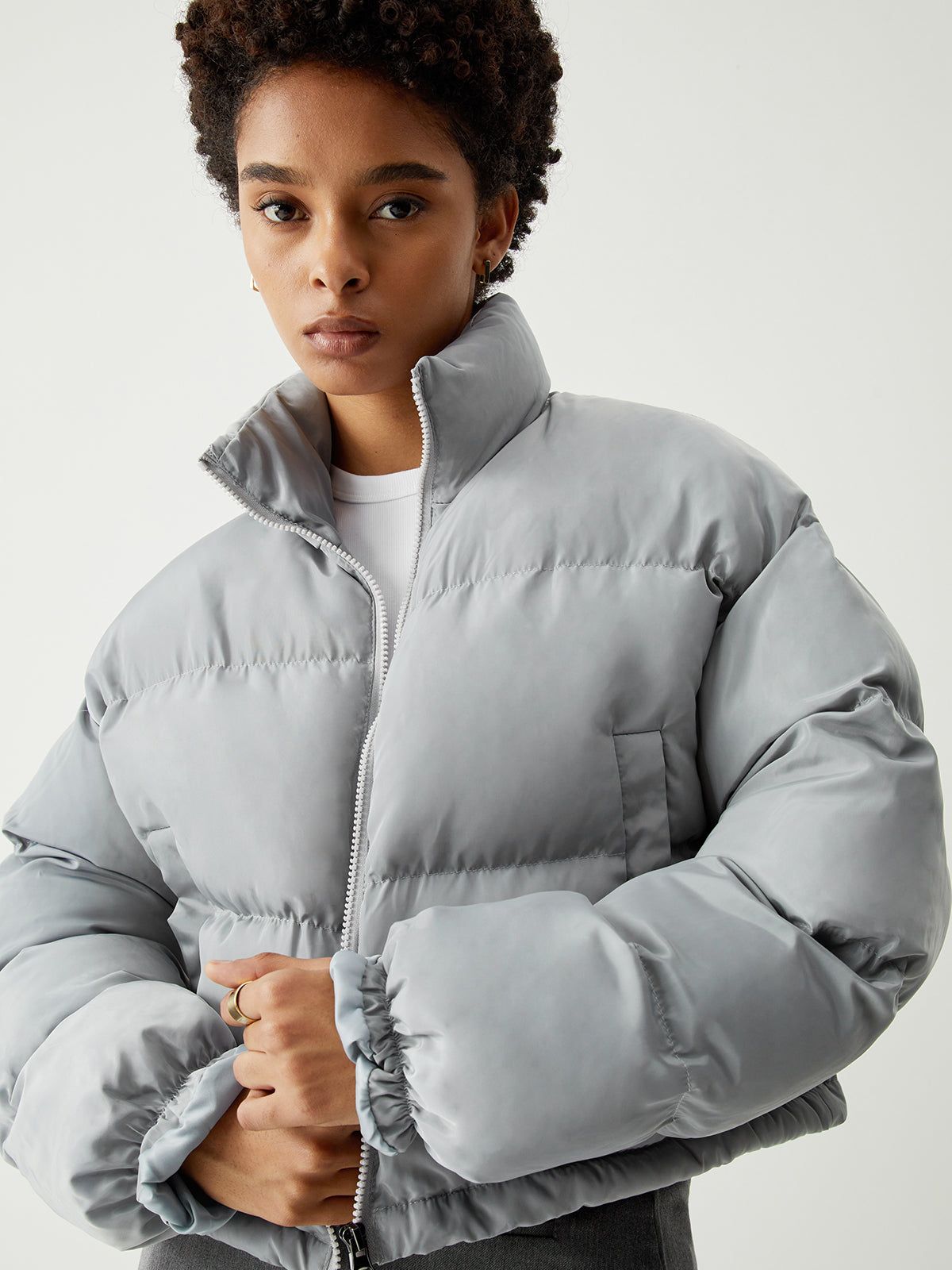 Stand Collar Quilted Crop Coat sold by COMMENSE