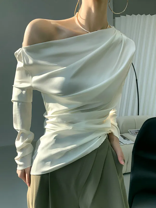 Satin Asymmetrical Off Shoulder Ruched Blouse made by COMMENSE