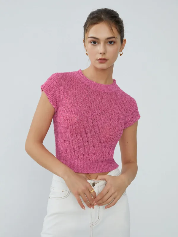 Cap Sleeve Knit Crop Top sold by COMMENSE