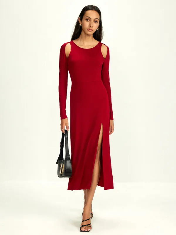 Ribbed Cutout Split Long Sleeve Dress sold by COMMENSE