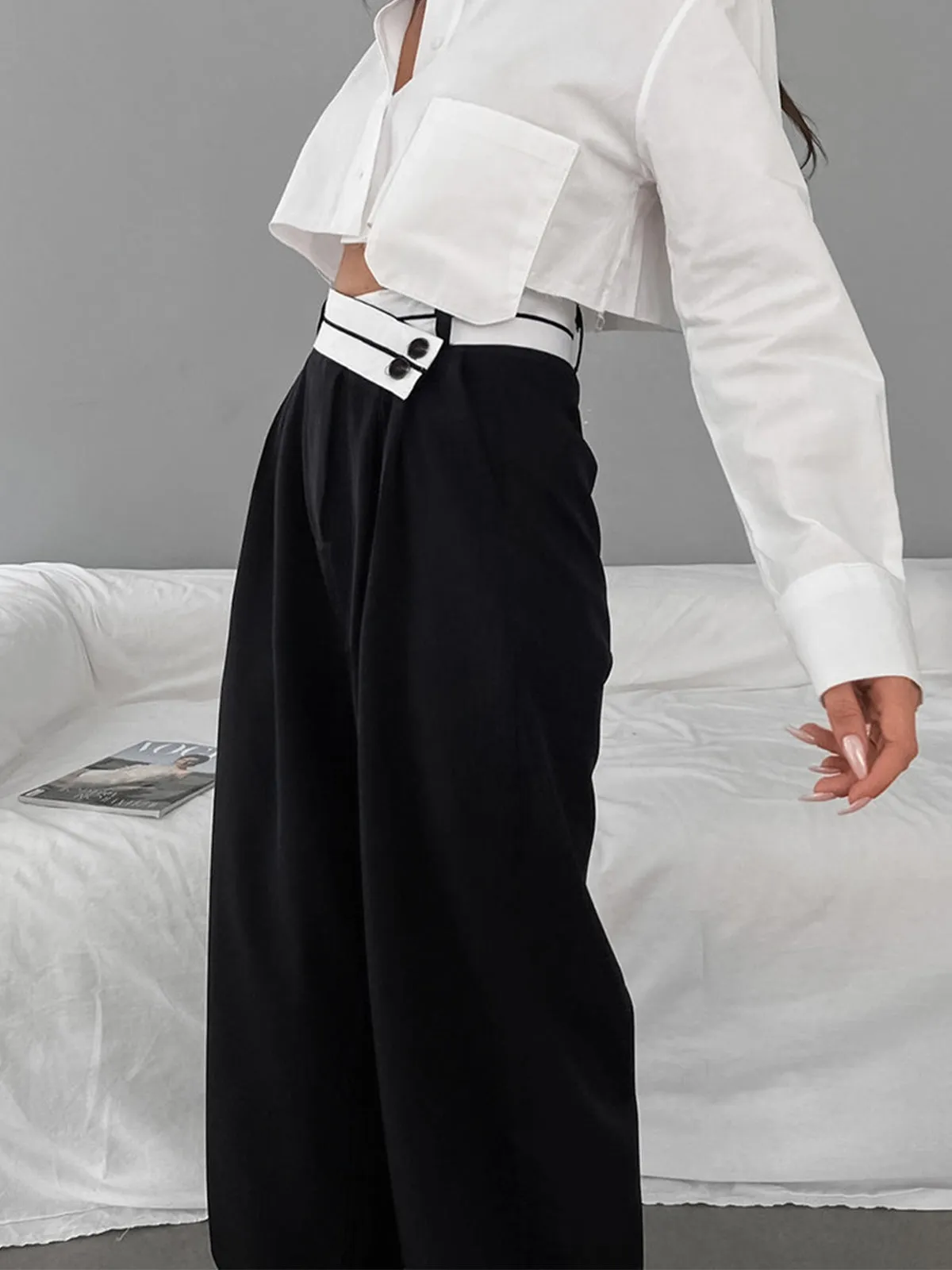 Asymmetrical Contrast Waistband Wide Leg Dress Pants sold by COMMENSE product image thumbnail 5