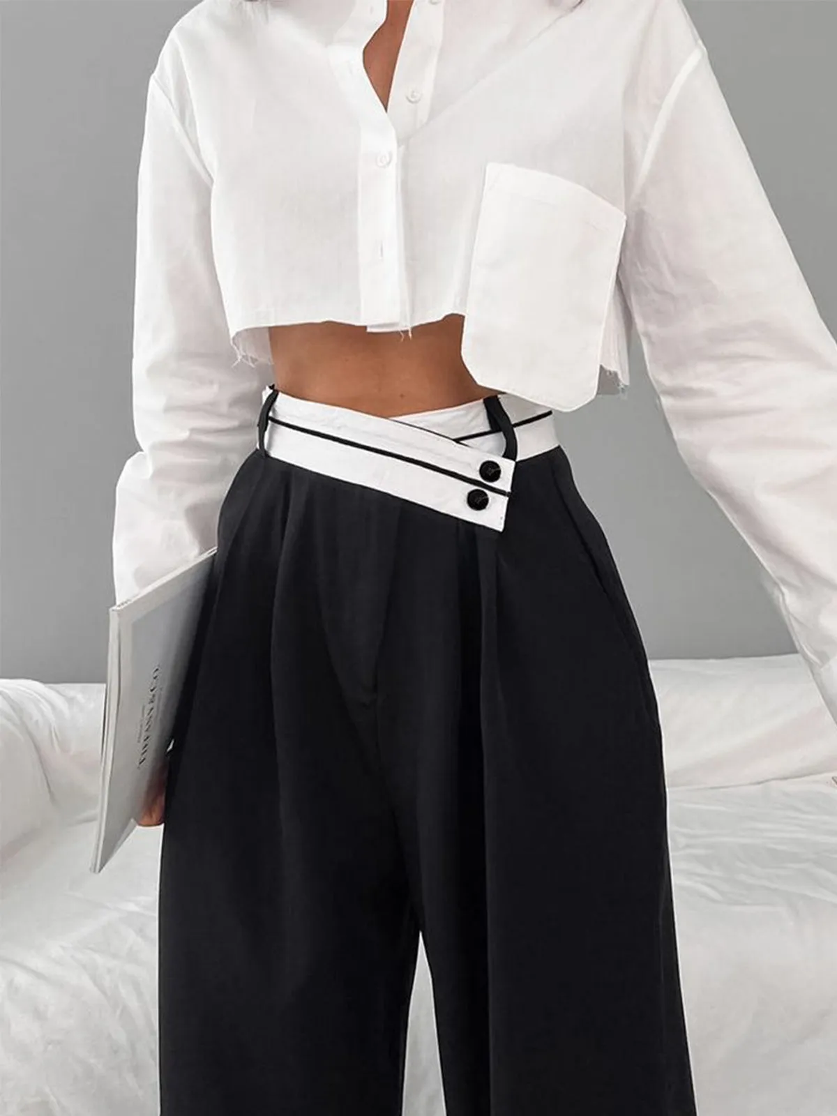 Asymmetrical Contrast Waistband Wide Leg Dress Pants sold by COMMENSE product image thumbnail 2