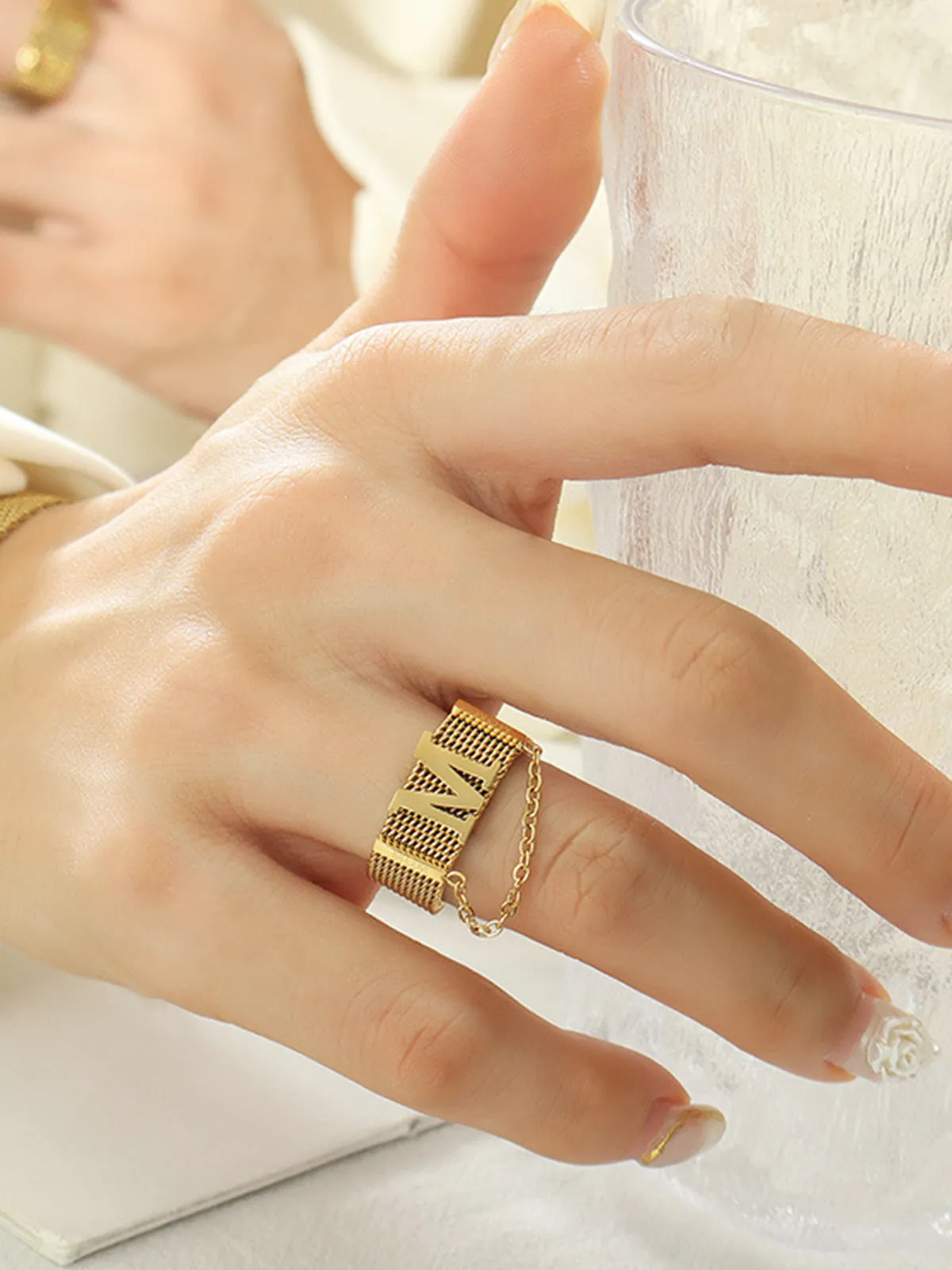 M Letter & Chain Decor Ring sold by COMMENSE