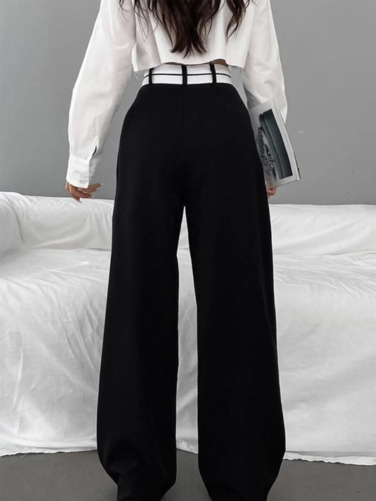 Asymmetrical Contrast Waistband Wide Leg Dress Pants sold by COMMENSE product image thumbnail 3