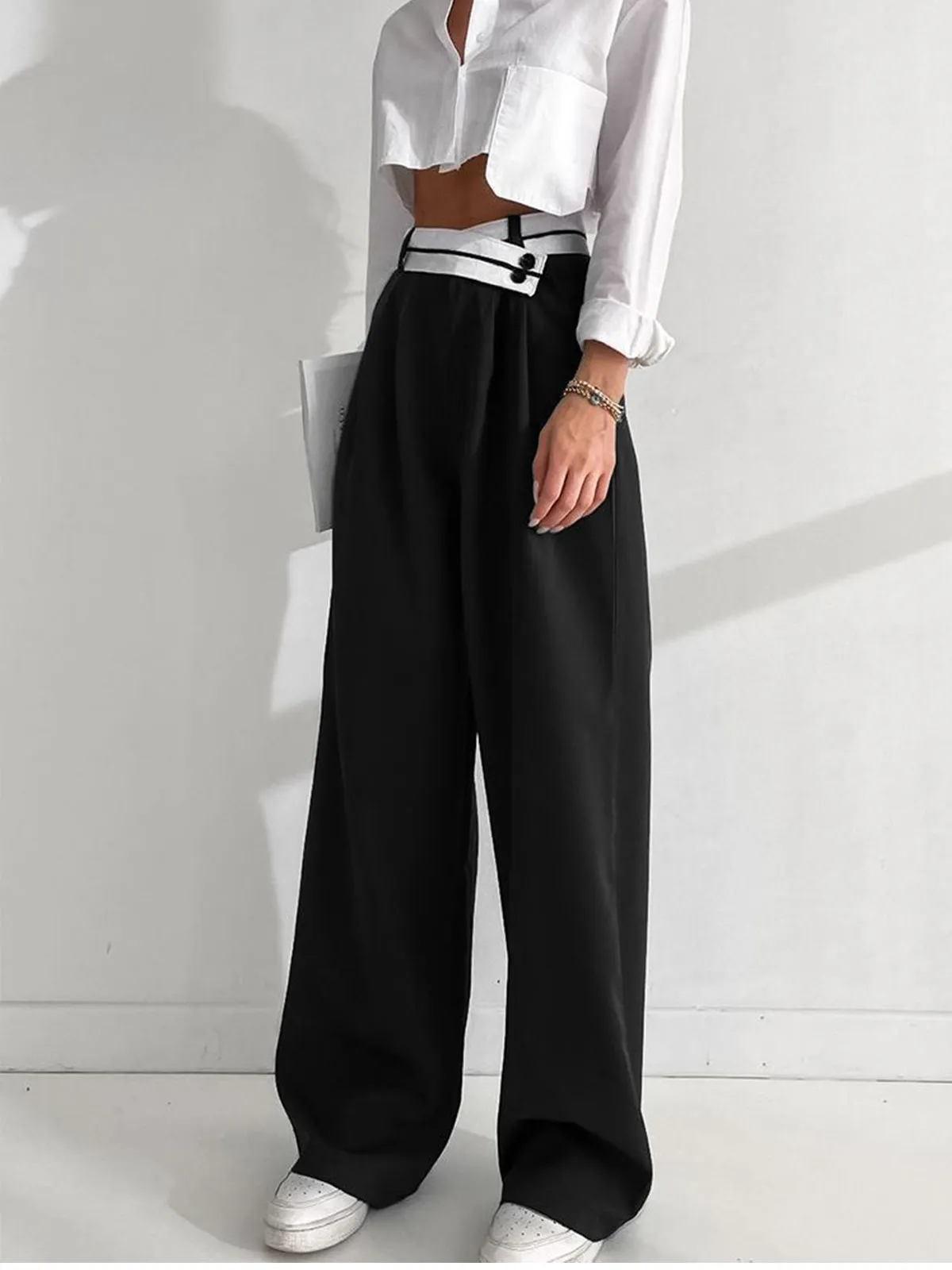 Asymmetrical Contrast Waistband Wide Leg Dress Pants sold by COMMENSE product image thumbnail 4