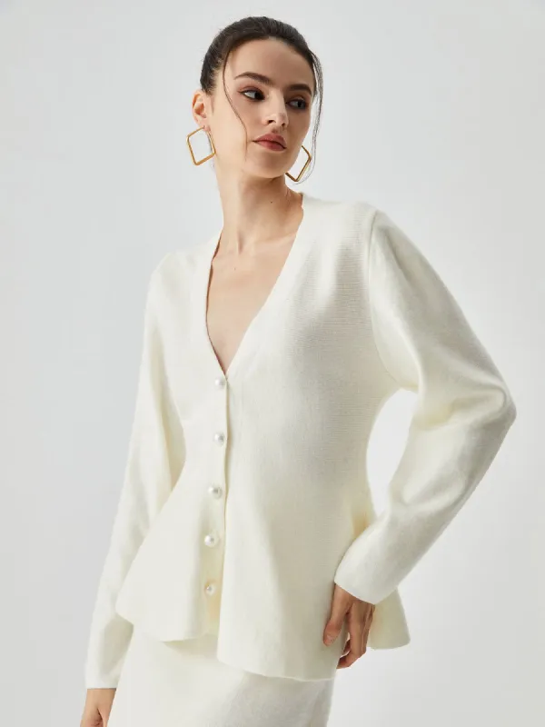 Solid Ruffle Hem V-neck Pearl Button Knit Sweater sold by COMMENSE