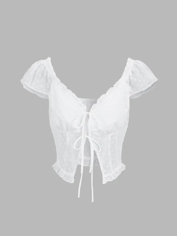 Fly Away Lettuce Trim Tied Crop Blouse sold by COMMENSE