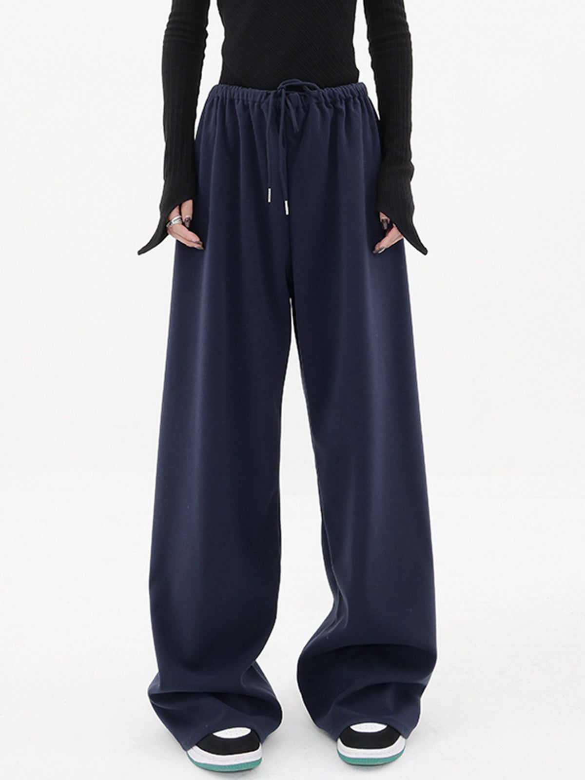 Navy Blue Drawstring Baggy Wide Leg Pants sold by COMMENSE product image thumbnail 4