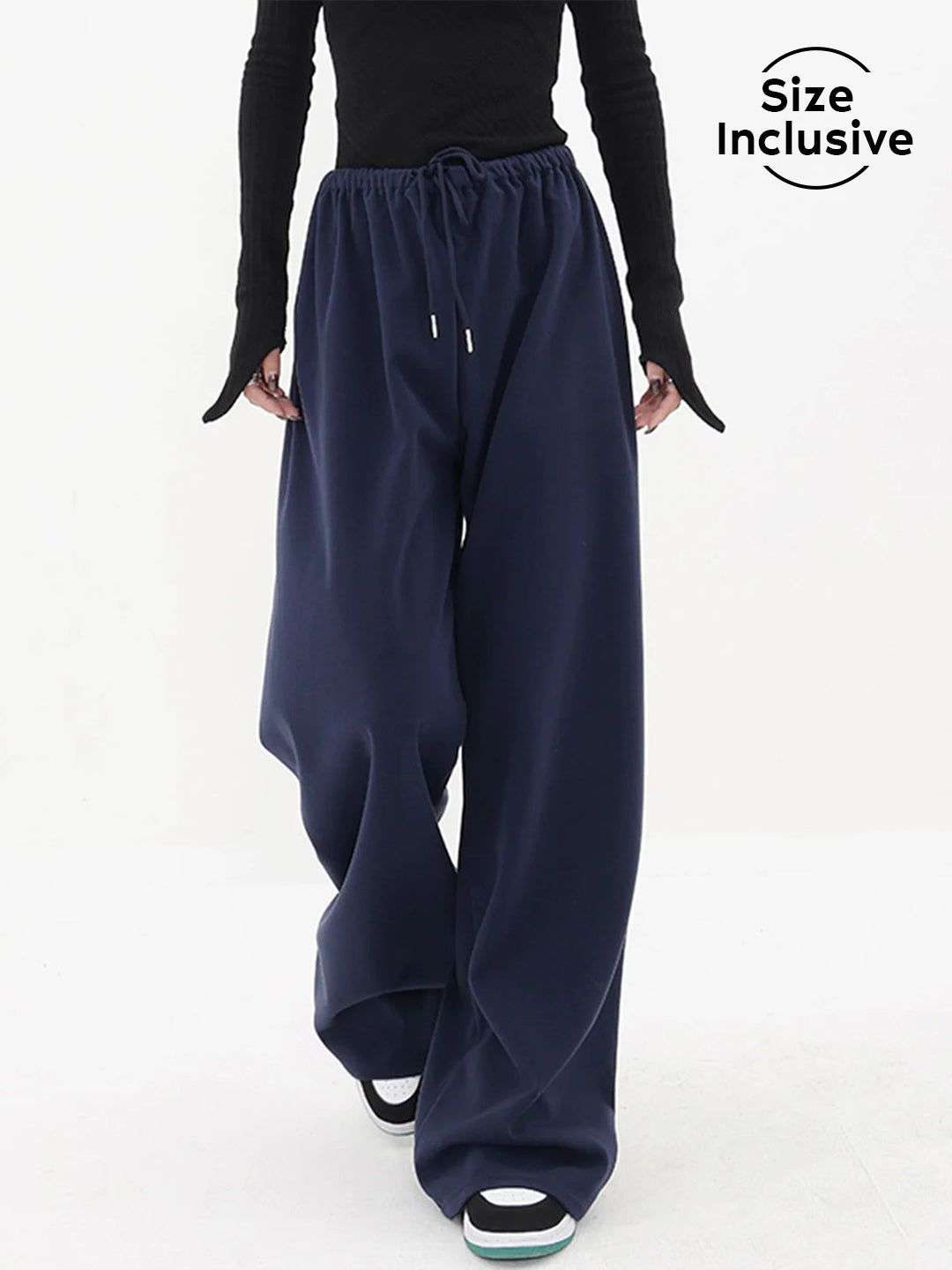 Navy Blue Drawstring Baggy Wide Leg Pants sold by COMMENSE