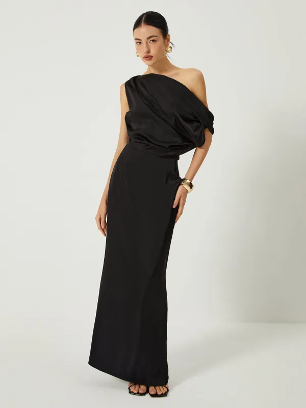 Satin One Shoulder Off Split Long Dress sold by COMMENSE