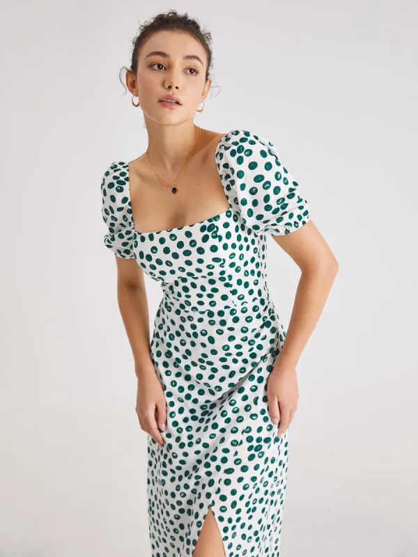 Short Puff Sleeve Spotted Midi Dress sold by COMMENSE