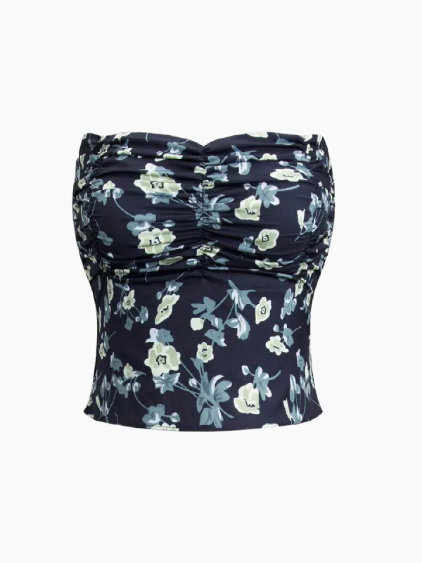 Floral Ruched Tube Crop Top sold by COMMENSE