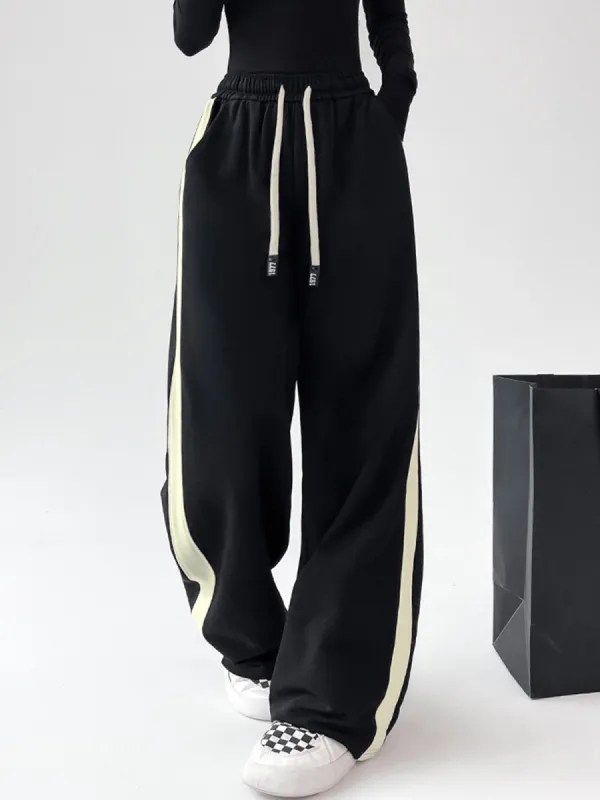 Drawstring Contrast Trim Wide Leg Sweatpants sold by COMMENSE