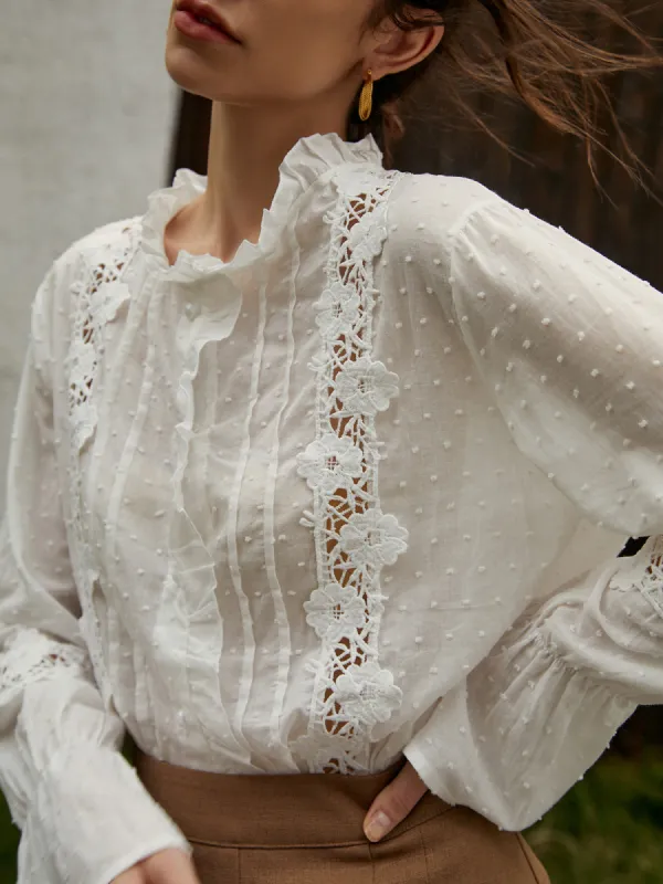 Frenchy Swiss Dot Lace Trim Flare Sleeve Shirt sold by COMMENSE
