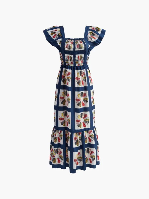 Printed Ruffle Sleeve Shirred Long Dress sold by COMMENSE