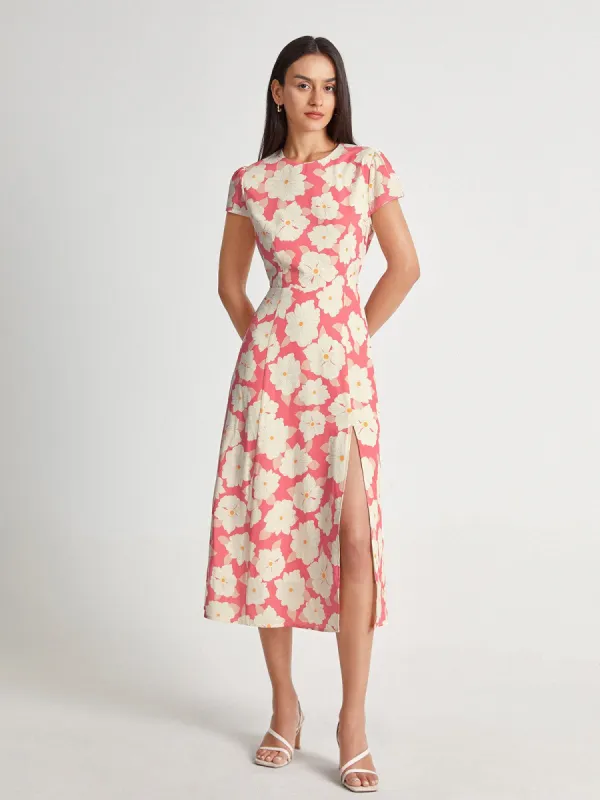 Short Sleeve Back Cutout Floral Oasis Midi Dress sold by COMMENSE