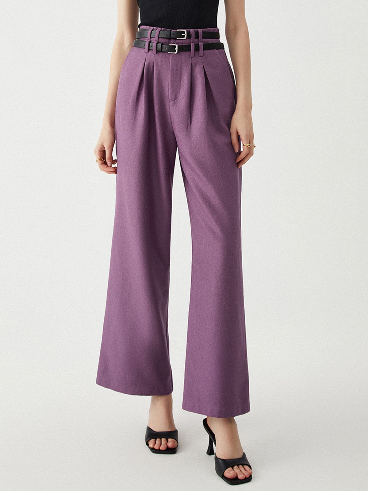 Solid Belted Straight Leg Pants sold by COMMENSE