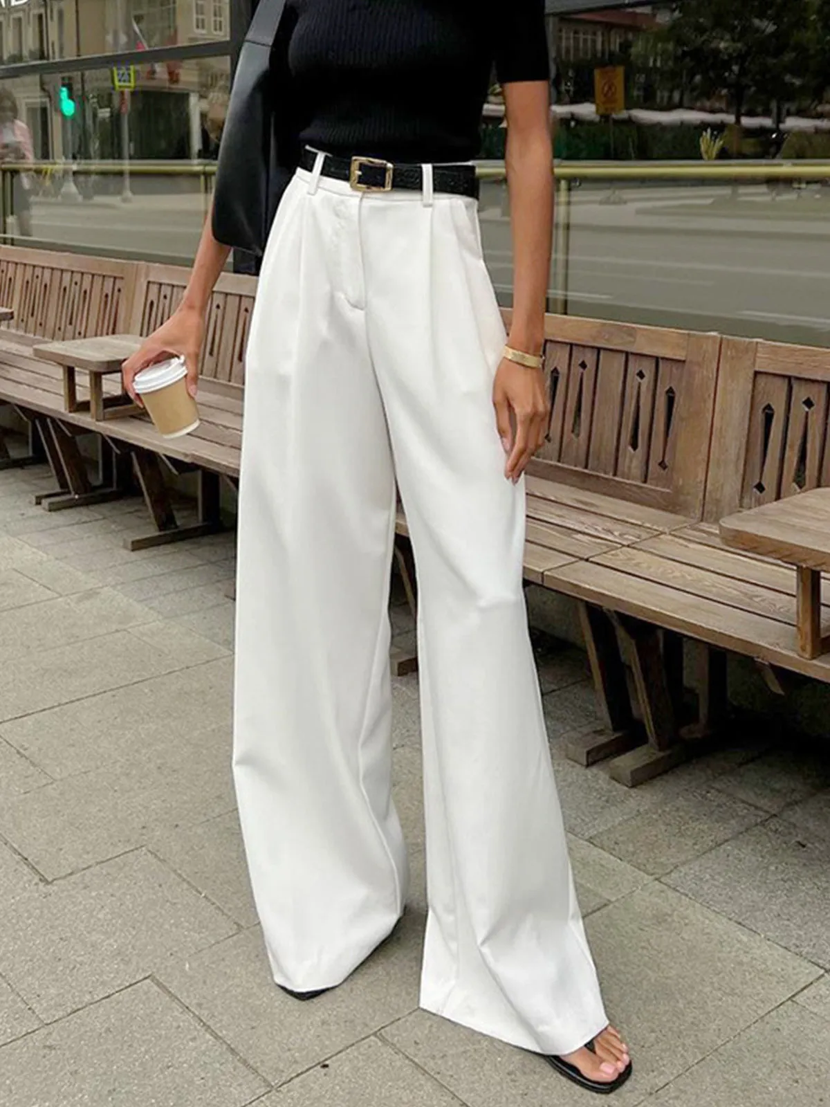 Solid Wide Leg Pants Without Belt sold by COMMENSE