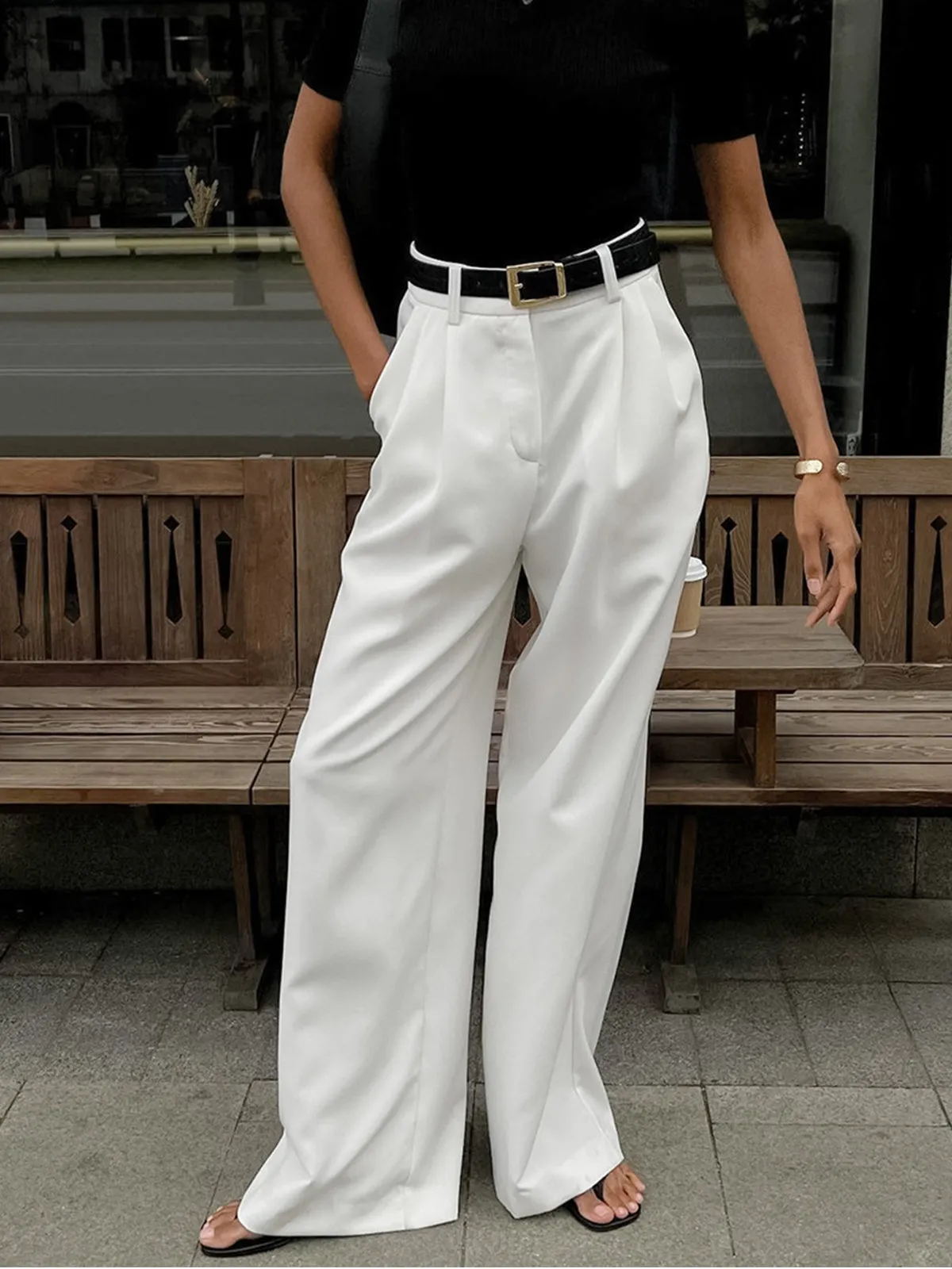 Solid Wide Leg Pants Without Belt sold by COMMENSE product image thumbnail 2