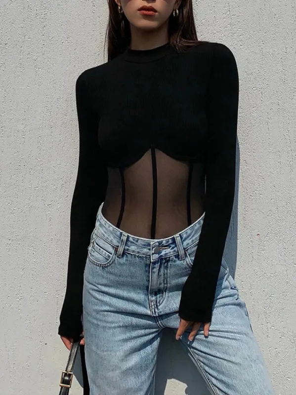 Mesh Combination Long Sleeve Top sold by COMMENSE