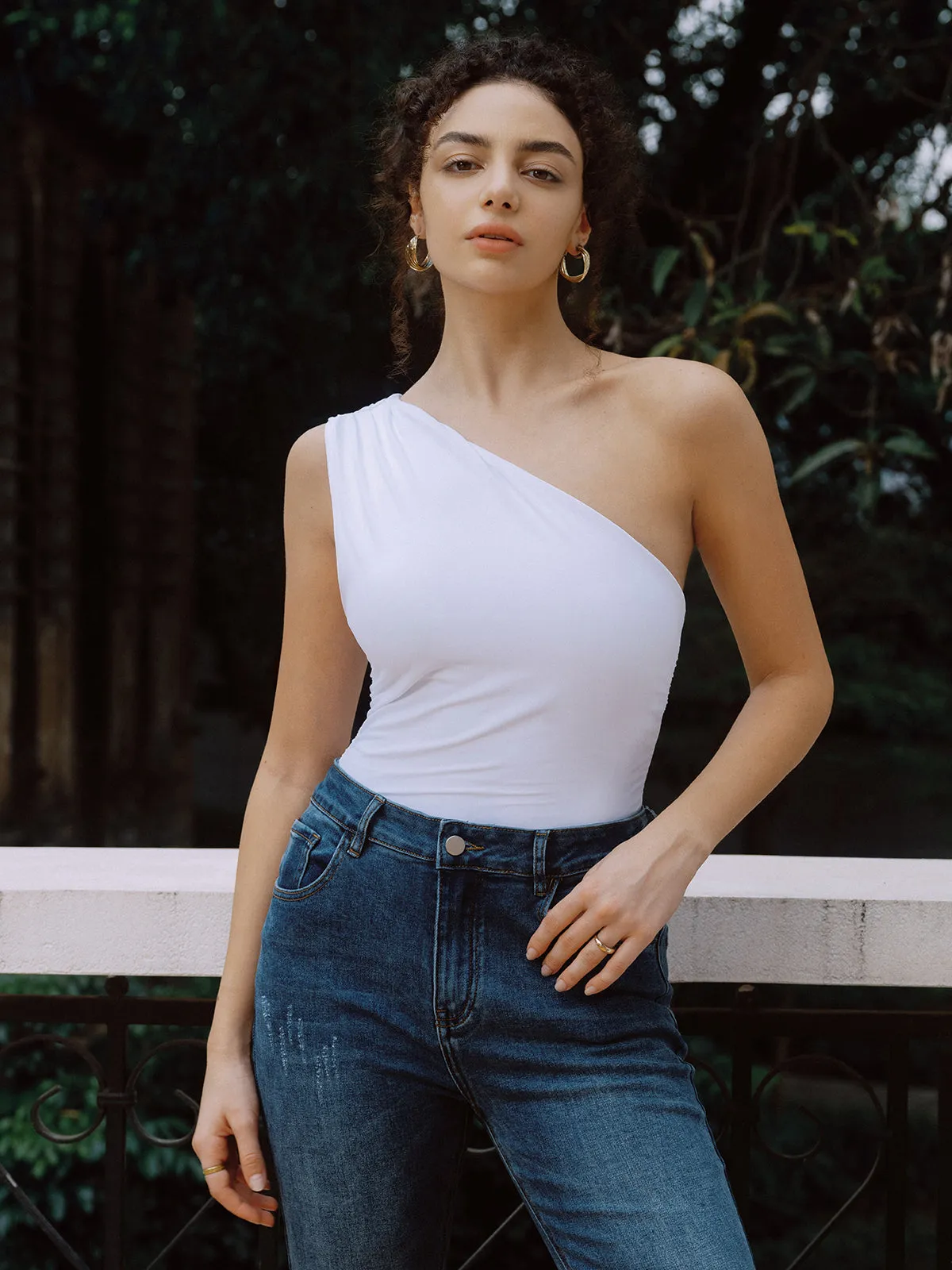 Solid One Shoulder Off Tank Top sold by COMMENSE