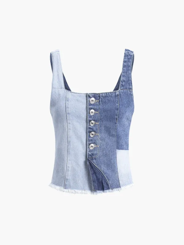Patchwork Denim Crop Vest sold by COMMENSE