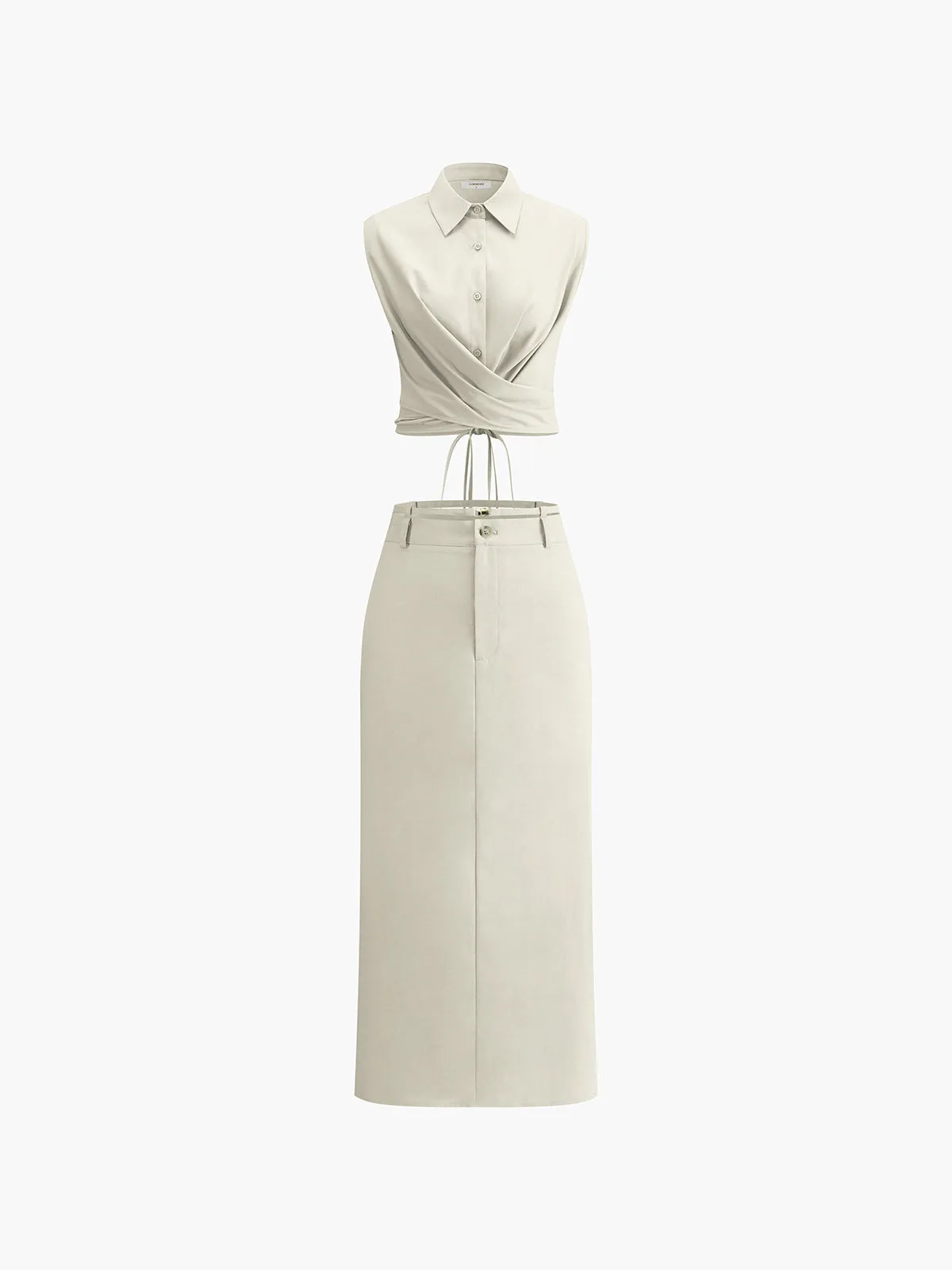 Sleeveless Button-Down Collar Tie Back Skirt Set sold by COMMENSE