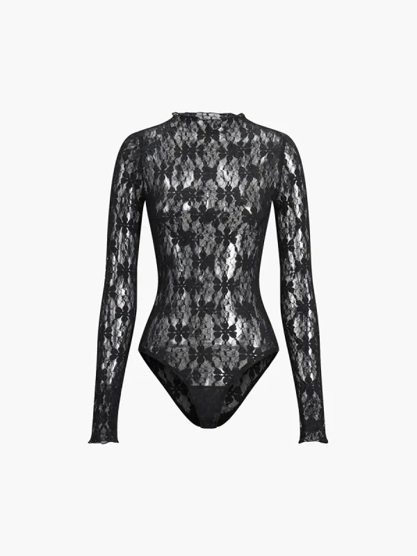 Lace Floral Mock Neck Bodysuit sold by COMMENSE