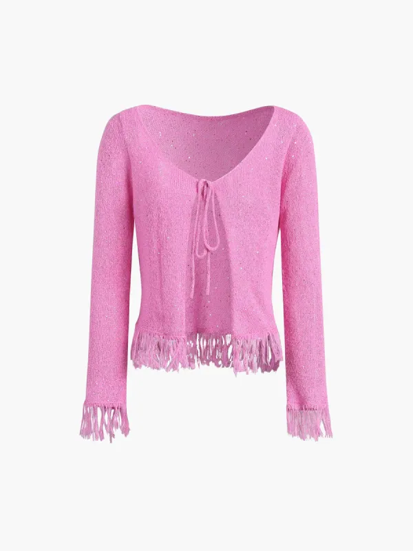 Tassel Sequined Fly Away Cardigan sold by COMMENSE