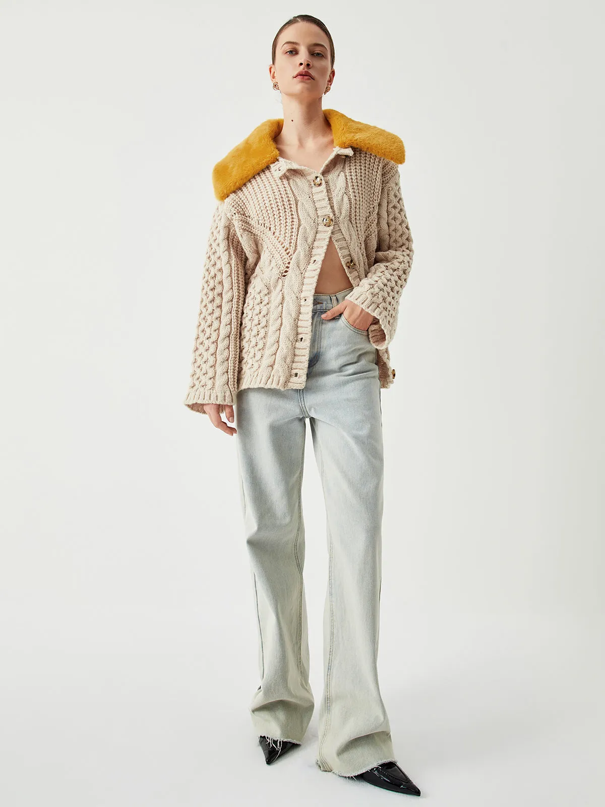 Patchwork Fuzzy Collar Oversized Knit Cardigan sold by COMMENSE product image thumbnail 4