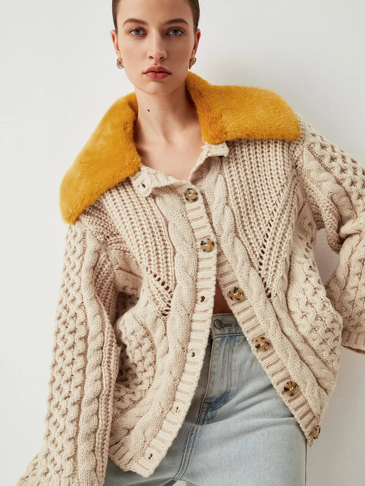 Patchwork Fuzzy Collar Oversized Knit Cardigan sold by COMMENSE
