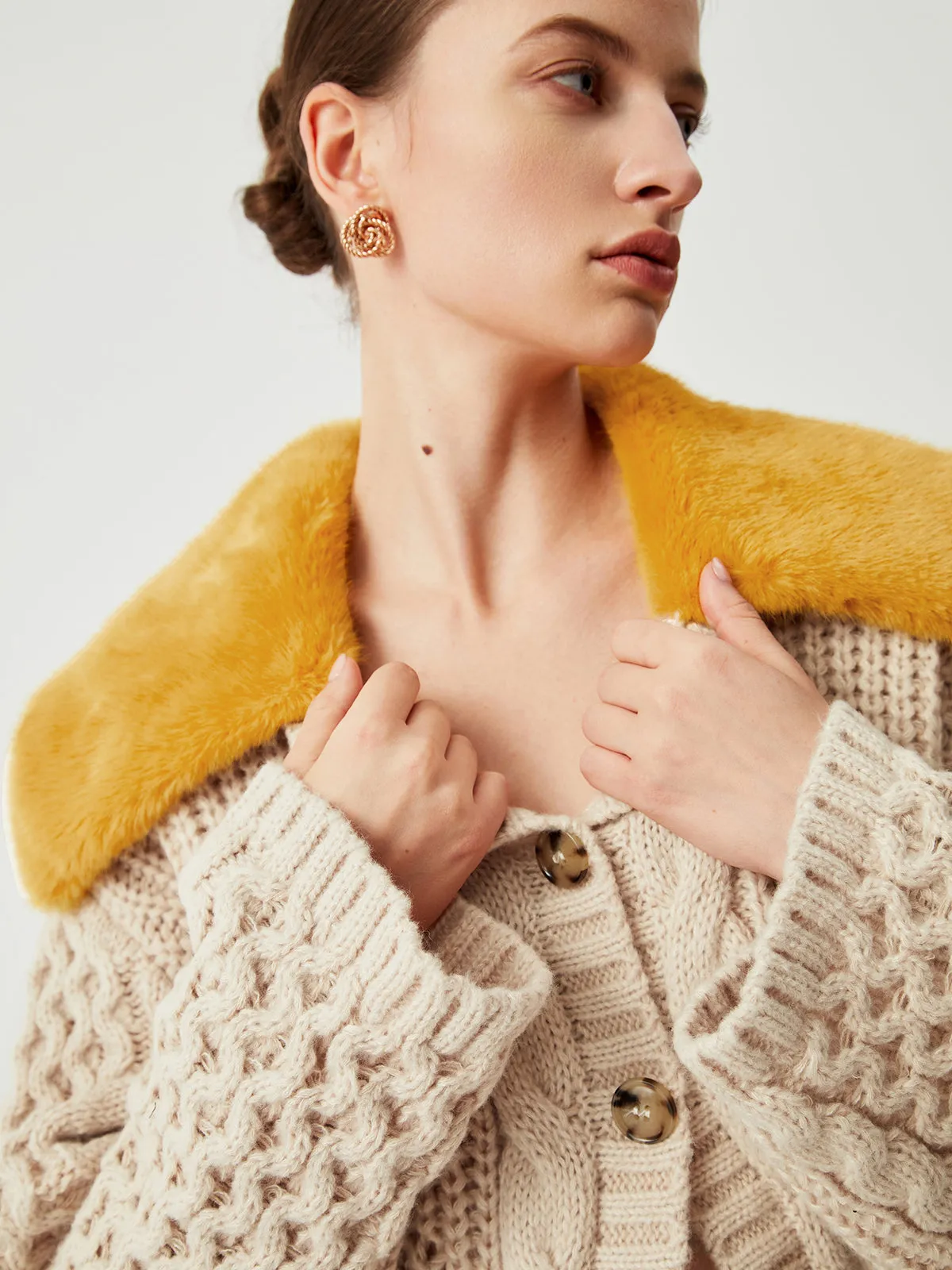 Patchwork Fuzzy Collar Oversized Knit Cardigan sold by COMMENSE product image thumbnail 5