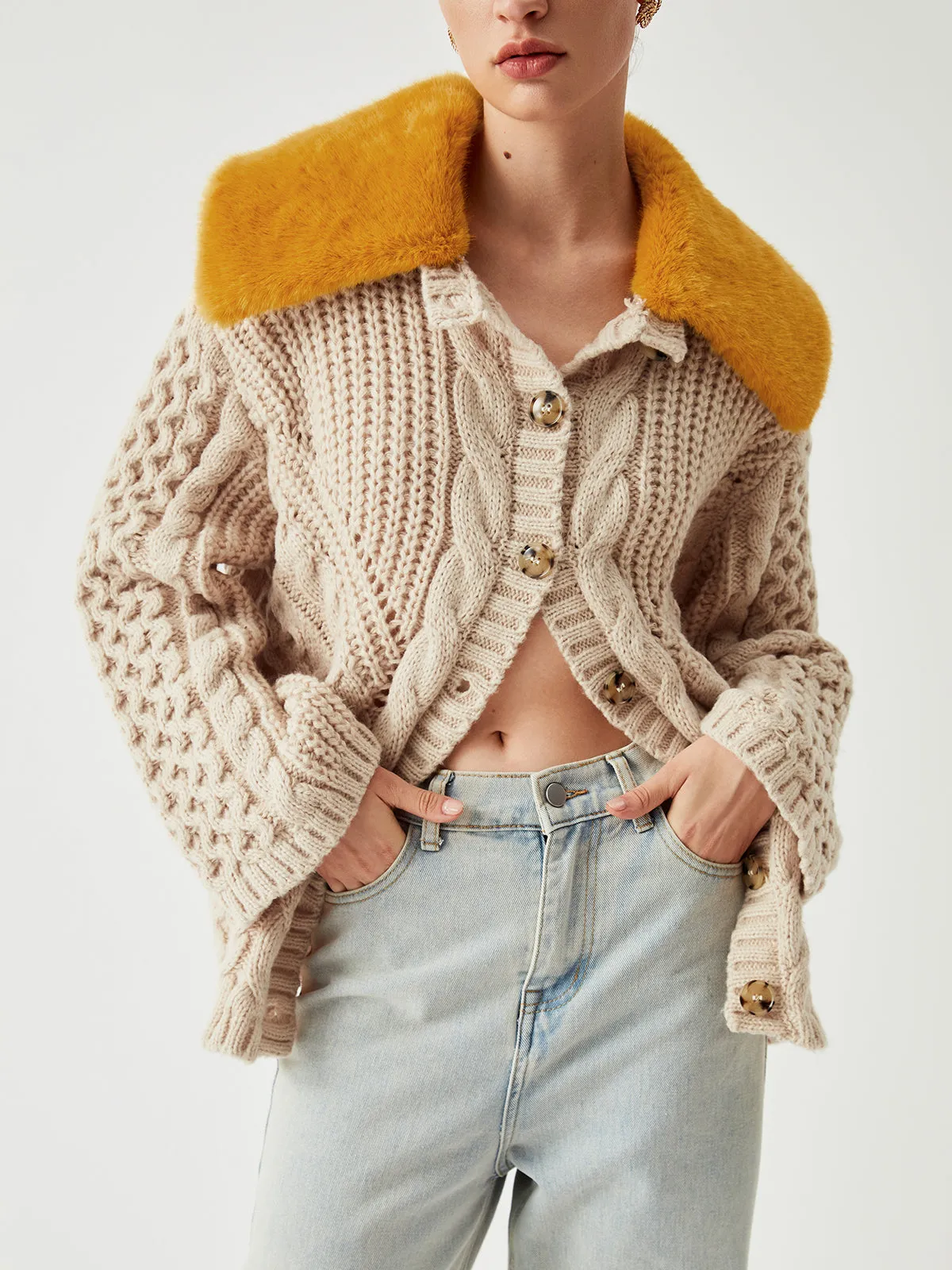 Patchwork Fuzzy Collar Oversized Knit Cardigan sold by COMMENSE product image thumbnail 2