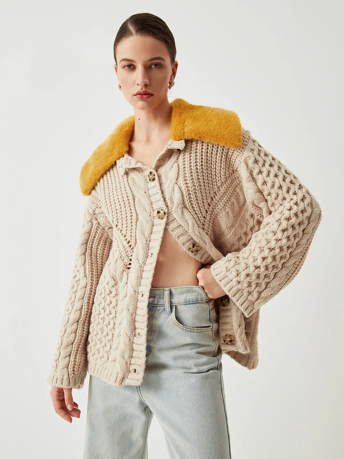 Patchwork Fuzzy Collar Oversized Knit Cardigan sold by COMMENSE product image thumbnail 3