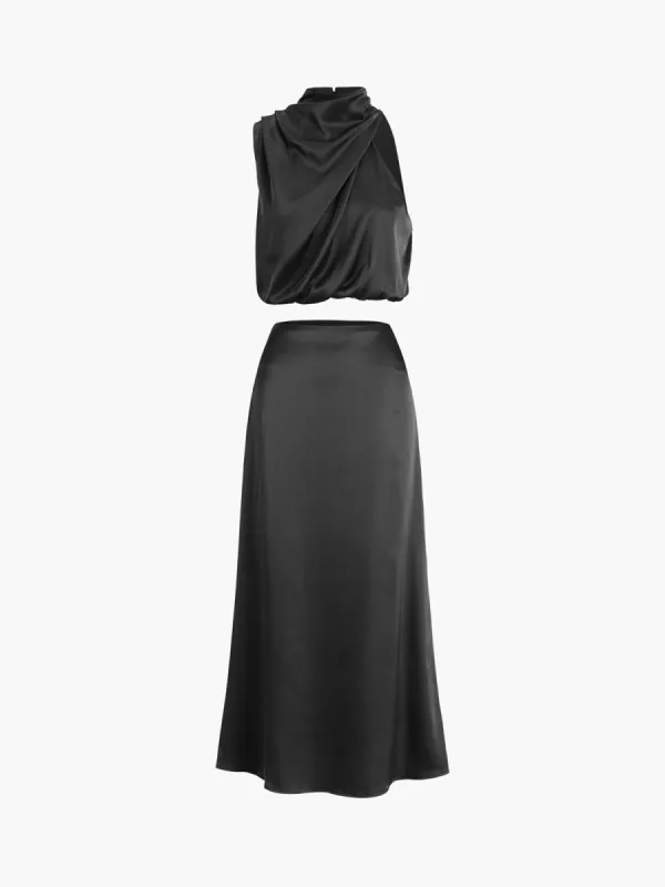Satin Halter Ruched Two Piece Skirt Set sold by COMMENSE