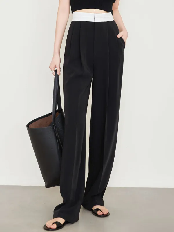 Contrast Waistband Pleated Full Length Wide Leg Pants sold by COMMENSE