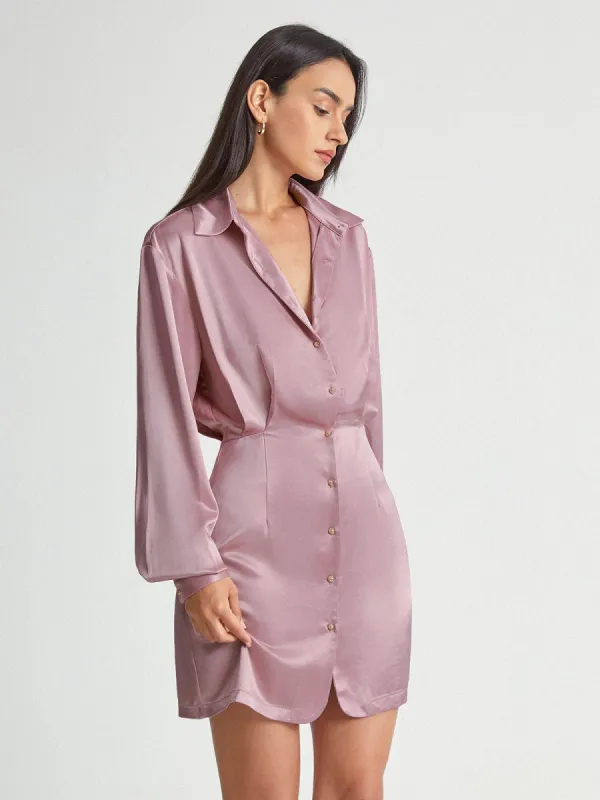 Satin Long Sleeve Collared Button Front Shirt Dress sold by COMMENSE